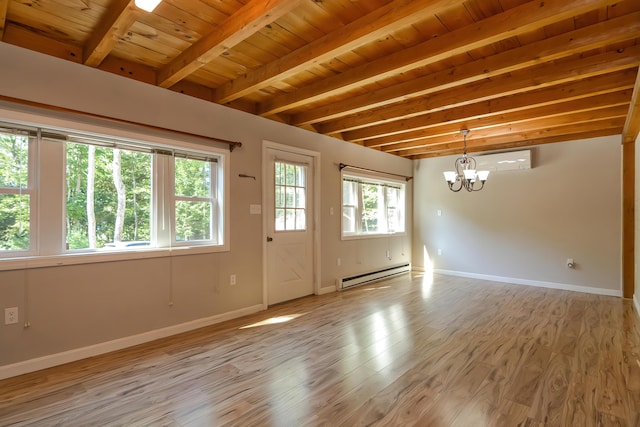 spare room with light wood-type flooring, a chandelier, wood ceiling, and baseboard heating