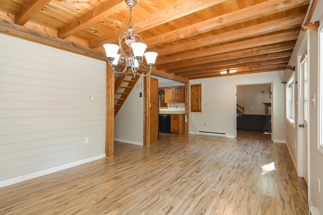 unfurnished living room featuring wood ceiling, a baseboard radiator, beam ceiling, and light hardwood / wood-style flooring