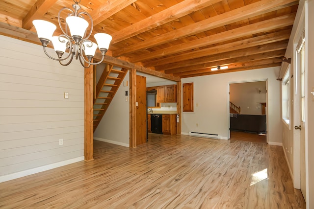 unfurnished living room with an inviting chandelier, wooden ceiling, baseboard heating, beamed ceiling, and light hardwood / wood-style floors