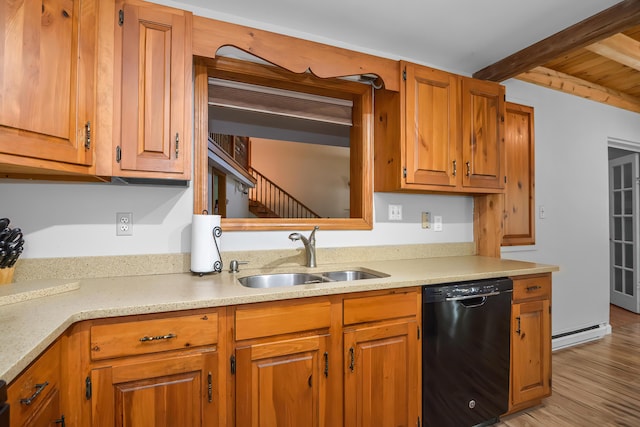 kitchen featuring sink, dishwasher, baseboard heating, light hardwood / wood-style floors, and beamed ceiling