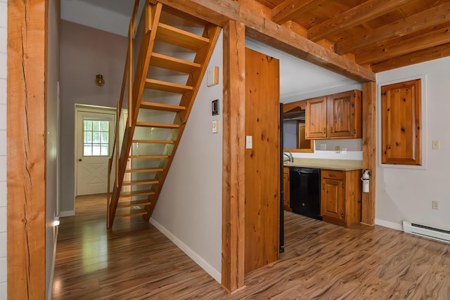 kitchen featuring dishwasher, hardwood / wood-style floors, beam ceiling, and baseboard heating