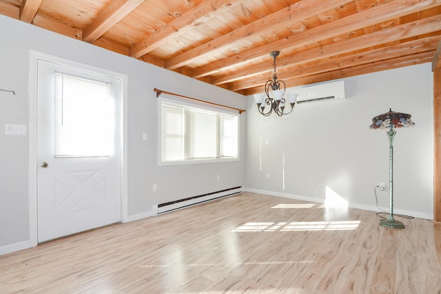 unfurnished dining area with baseboard heating, a notable chandelier, light hardwood / wood-style floors, wooden ceiling, and beamed ceiling