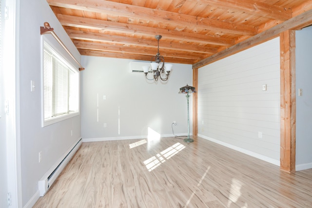 unfurnished dining area with beamed ceiling, a chandelier, a baseboard heating unit, wood ceiling, and light wood-type flooring