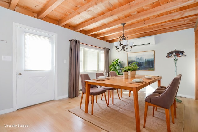 dining room featuring wood ceiling, an inviting chandelier, light hardwood / wood-style flooring, and an AC wall unit