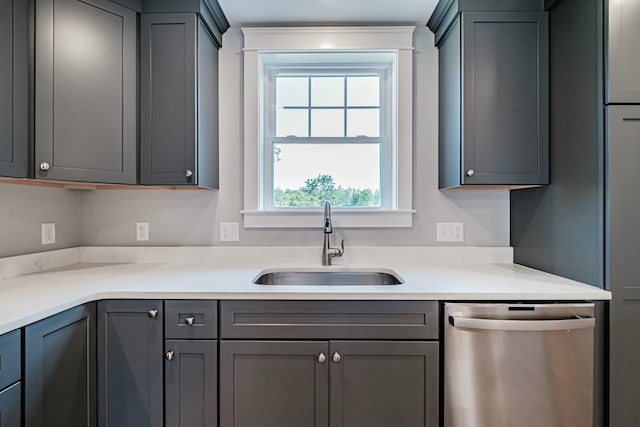 kitchen featuring gray cabinets, sink, and stainless steel dishwasher