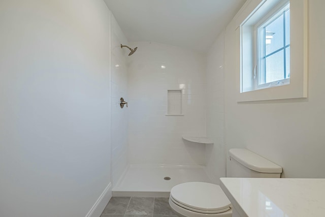 bathroom with vanity, toilet, and a tile shower