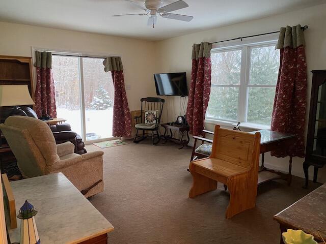 carpeted living room with ceiling fan