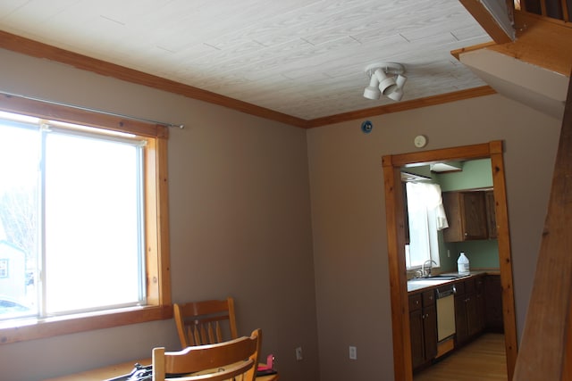 kitchen with wood ceiling, a wealth of natural light, ornamental molding, and dishwasher