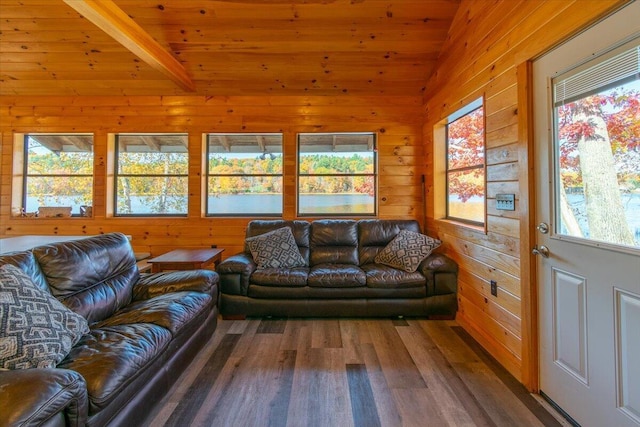 living room with lofted ceiling with beams, wood-type flooring, a healthy amount of sunlight, and wood walls