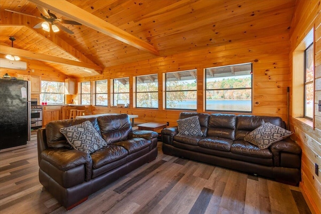 living room featuring wood ceiling, wood-type flooring, an AC wall unit, wooden walls, and beam ceiling