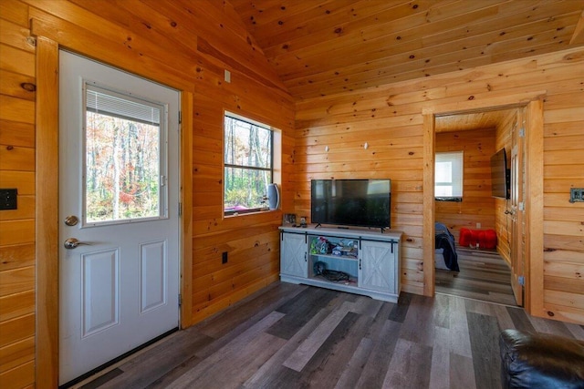 living room with lofted ceiling, dark wood-type flooring, and wooden walls