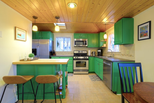 kitchen featuring sink, backsplash, hanging light fixtures, stainless steel appliances, and plenty of natural light