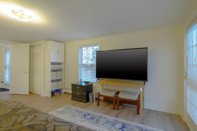 bedroom featuring light hardwood / wood-style flooring, ornamental molding, and a closet