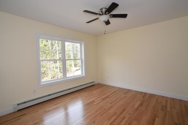 unfurnished room with a baseboard radiator, light hardwood / wood-style floors, and ceiling fan