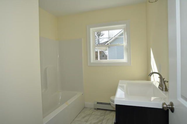 full bathroom with vanity, a baseboard radiator, toilet, and separate shower and tub