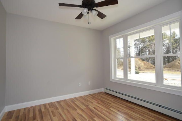 unfurnished room with hardwood / wood-style flooring, a baseboard radiator, and ceiling fan