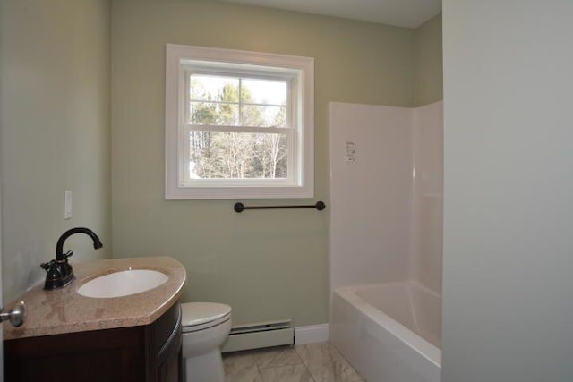 bathroom with vanity, a baseboard radiator, and toilet