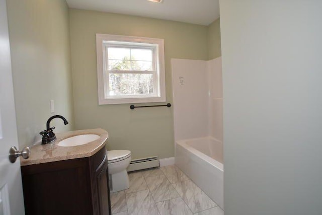 bathroom featuring a baseboard radiator, vanity, and toilet