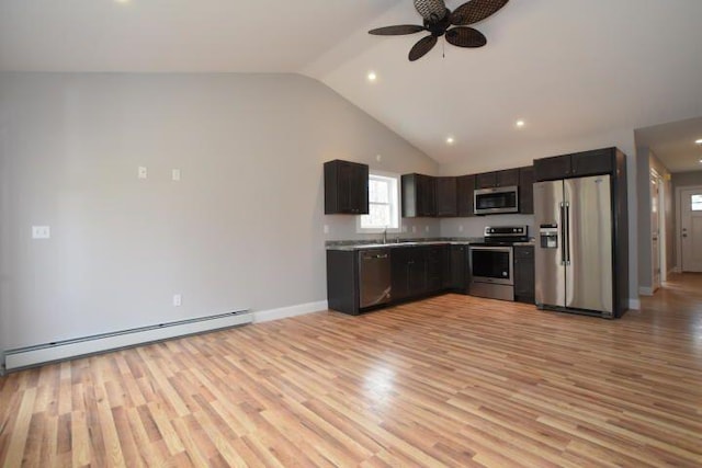 kitchen featuring high vaulted ceiling, appliances with stainless steel finishes, ceiling fan, light hardwood / wood-style floors, and a baseboard heating unit