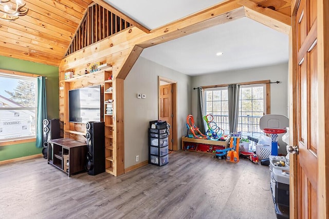 rec room featuring vaulted ceiling, wood-type flooring, and wood ceiling