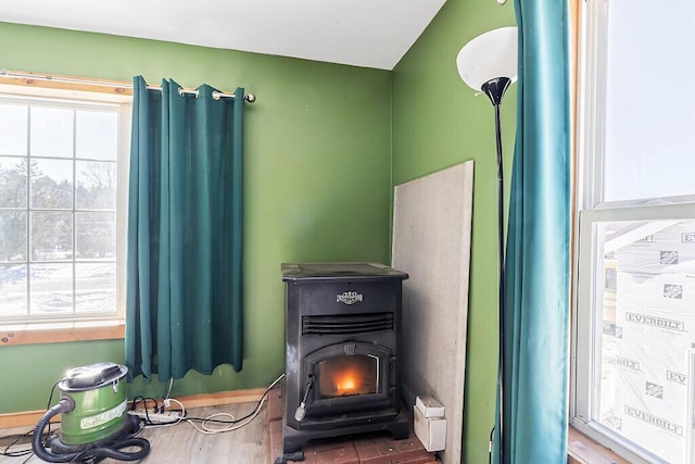 room details featuring a wood stove