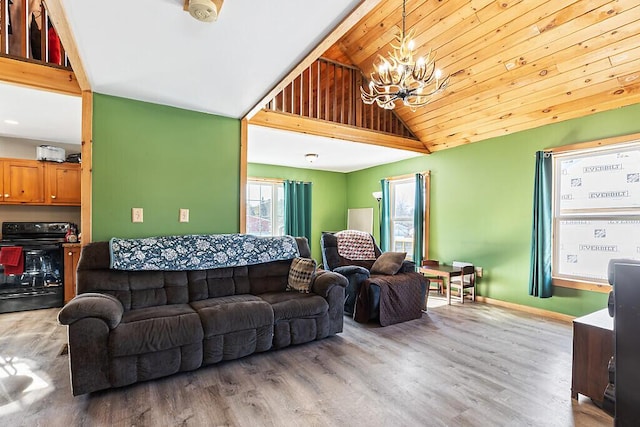 living room featuring hardwood / wood-style flooring, wooden ceiling, vaulted ceiling, and a notable chandelier