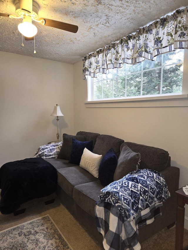 living room with carpet floors and a textured ceiling