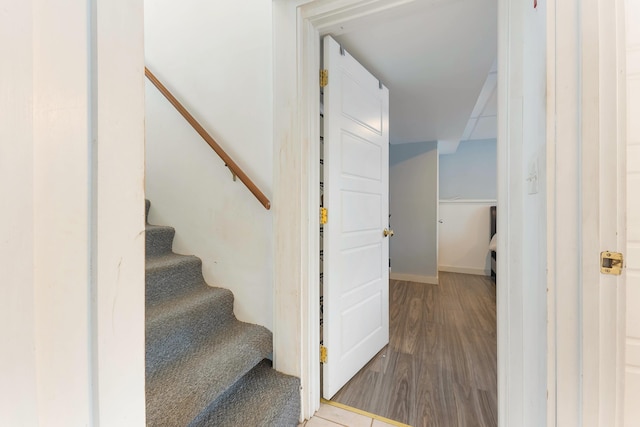 stairway with hardwood / wood-style floors