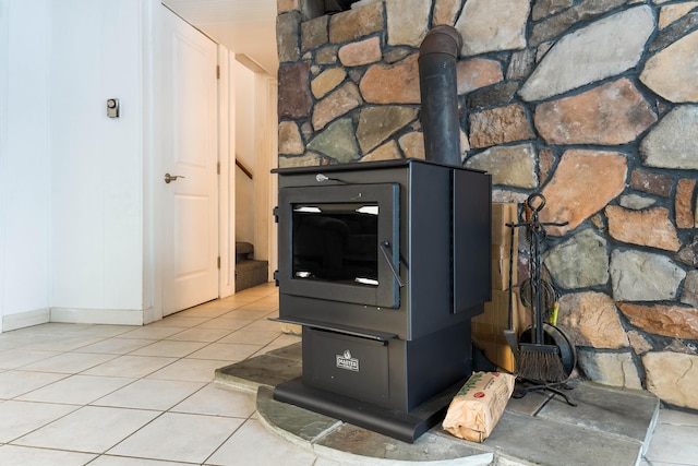 room details featuring a wood stove