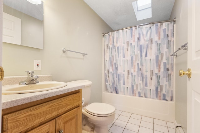 full bathroom with a skylight, shower / bath combination with curtain, toilet, tile patterned floors, and a textured ceiling