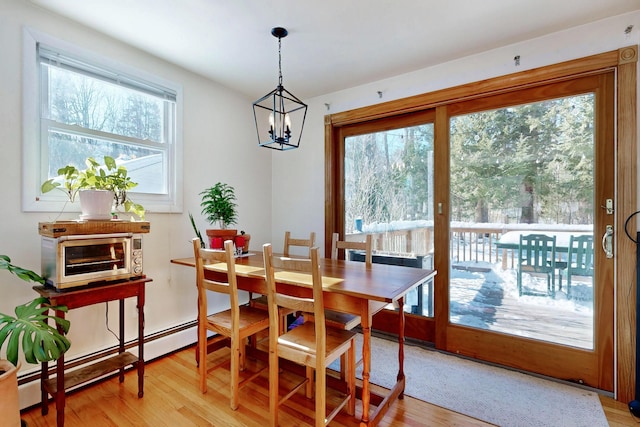 dining area with light wood finished floors, a toaster, and a wealth of natural light