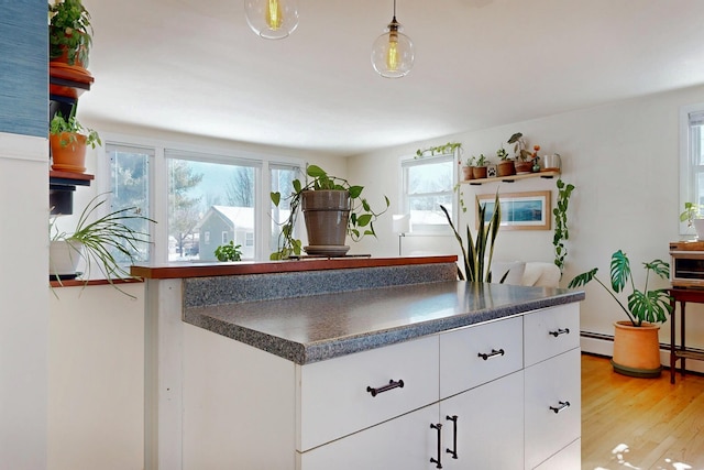 interior details with a baseboard heating unit and wood finished floors