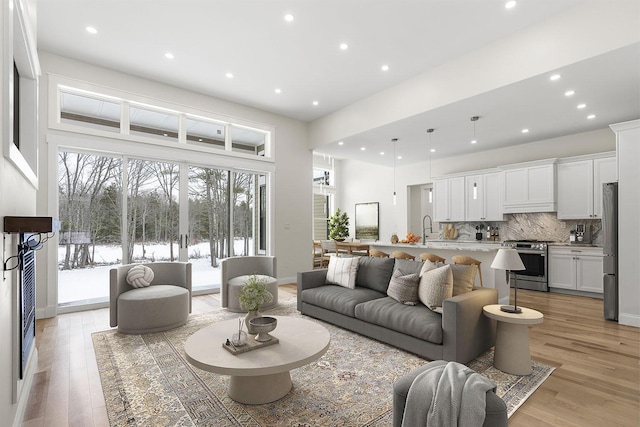 living room featuring sink and light hardwood / wood-style flooring