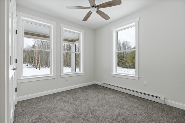 carpeted empty room featuring ceiling fan and a baseboard radiator