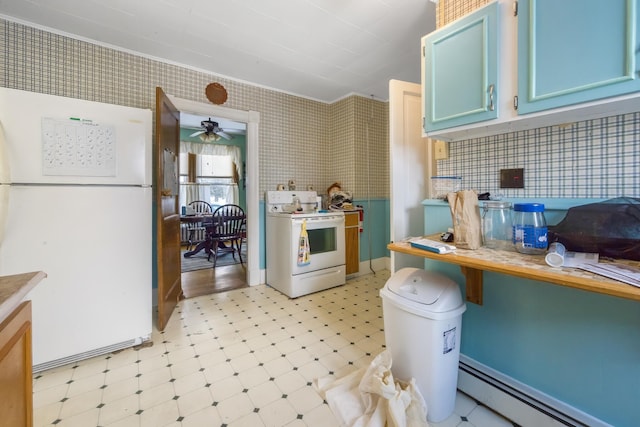 kitchen featuring crown molding, blue cabinetry, light floors, a baseboard radiator, and white appliances