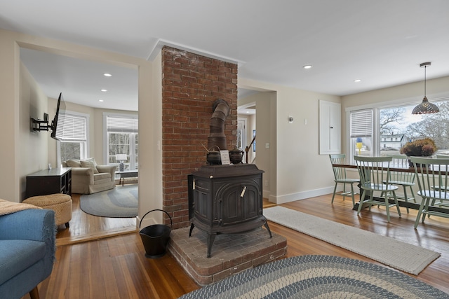 living room featuring wood-type flooring and a wood stove