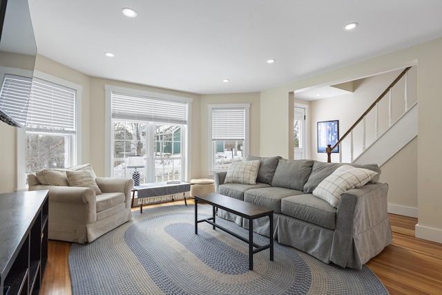 living room with dark hardwood / wood-style floors