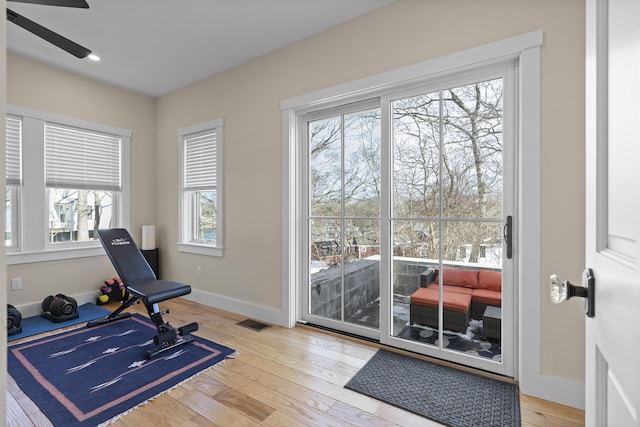 living area with ceiling fan and light hardwood / wood-style flooring