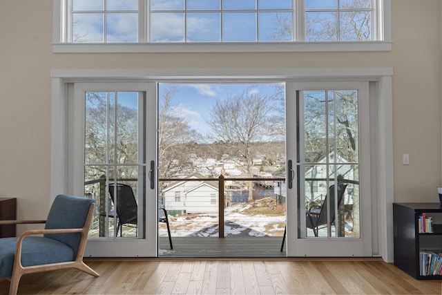 entryway with a healthy amount of sunlight, a high ceiling, and light wood-type flooring