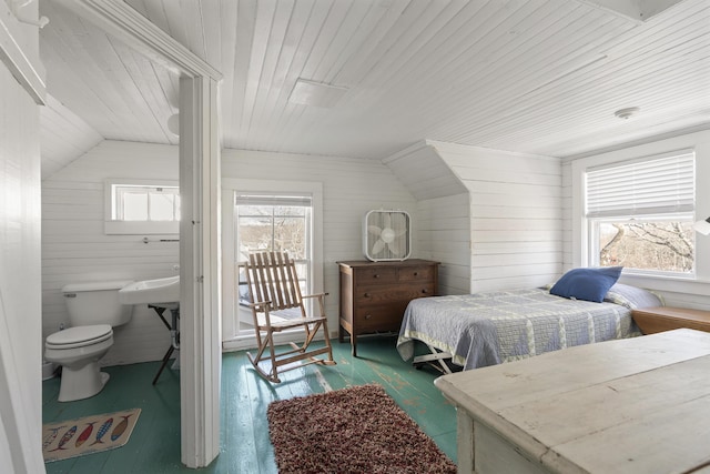 bedroom featuring hardwood / wood-style flooring, lofted ceiling, and wood ceiling