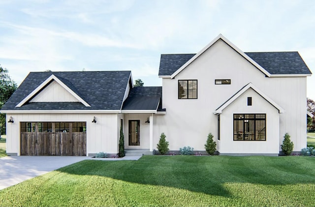 modern farmhouse style home featuring a garage and a front lawn