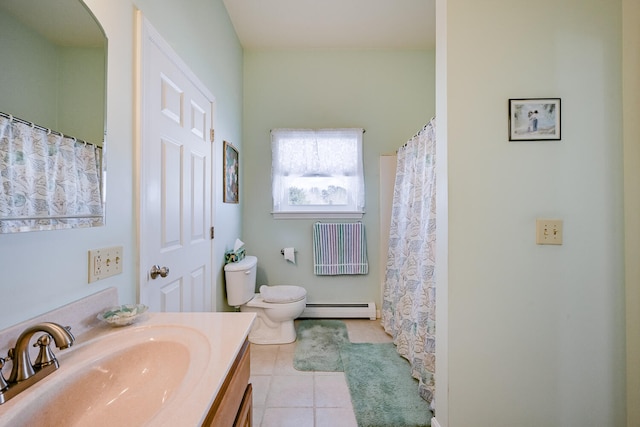 bathroom with baseboard heating, vanity, tile patterned flooring, and toilet