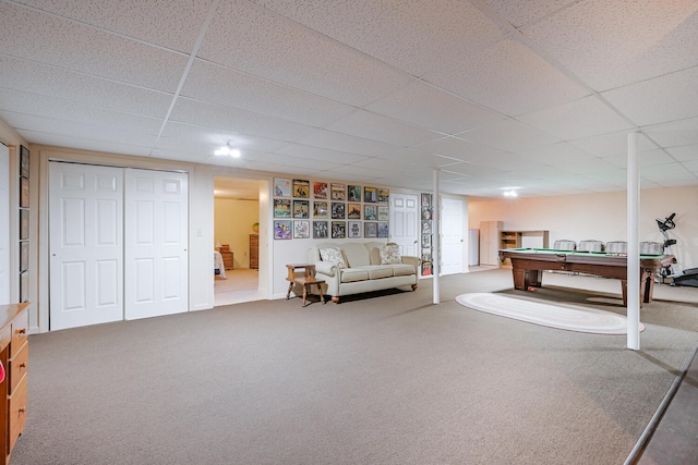 game room with a drop ceiling, billiards, and carpet