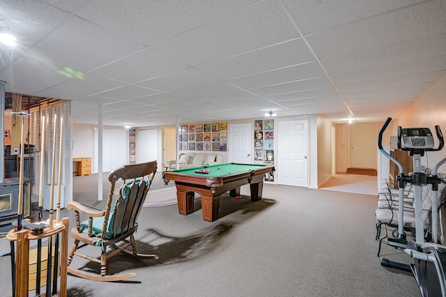 rec room featuring billiards and carpet floors