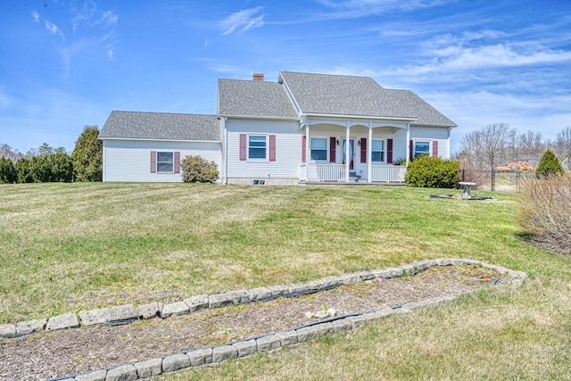 11 Sunrise Dr, Hallowell, ME 04347 - view of front of property with covered porch, roof with shingles, a front lawn, and a chimney
