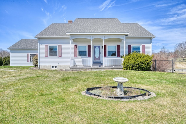 11 Sunrise Dr, Hallowell, ME 04347 - view of front of house featuring covered porch, roof with shingles, fence, a front yard, and a chimney