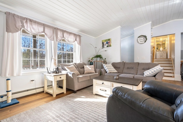 living room with crown molding, light hardwood / wood-style flooring, baseboard heating, vaulted ceiling, and wooden ceiling