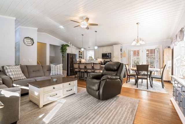 living room featuring vaulted ceiling, wooden ceiling, ornamental molding, light hardwood / wood-style floors, and ceiling fan with notable chandelier