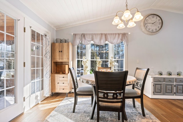 dining area with lofted ceiling, a notable chandelier, wood ceiling, and wood-type flooring