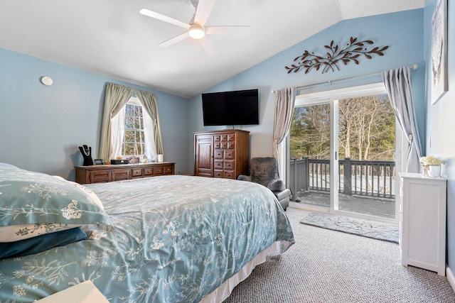 bedroom featuring ceiling fan, carpet flooring, lofted ceiling, and access to exterior